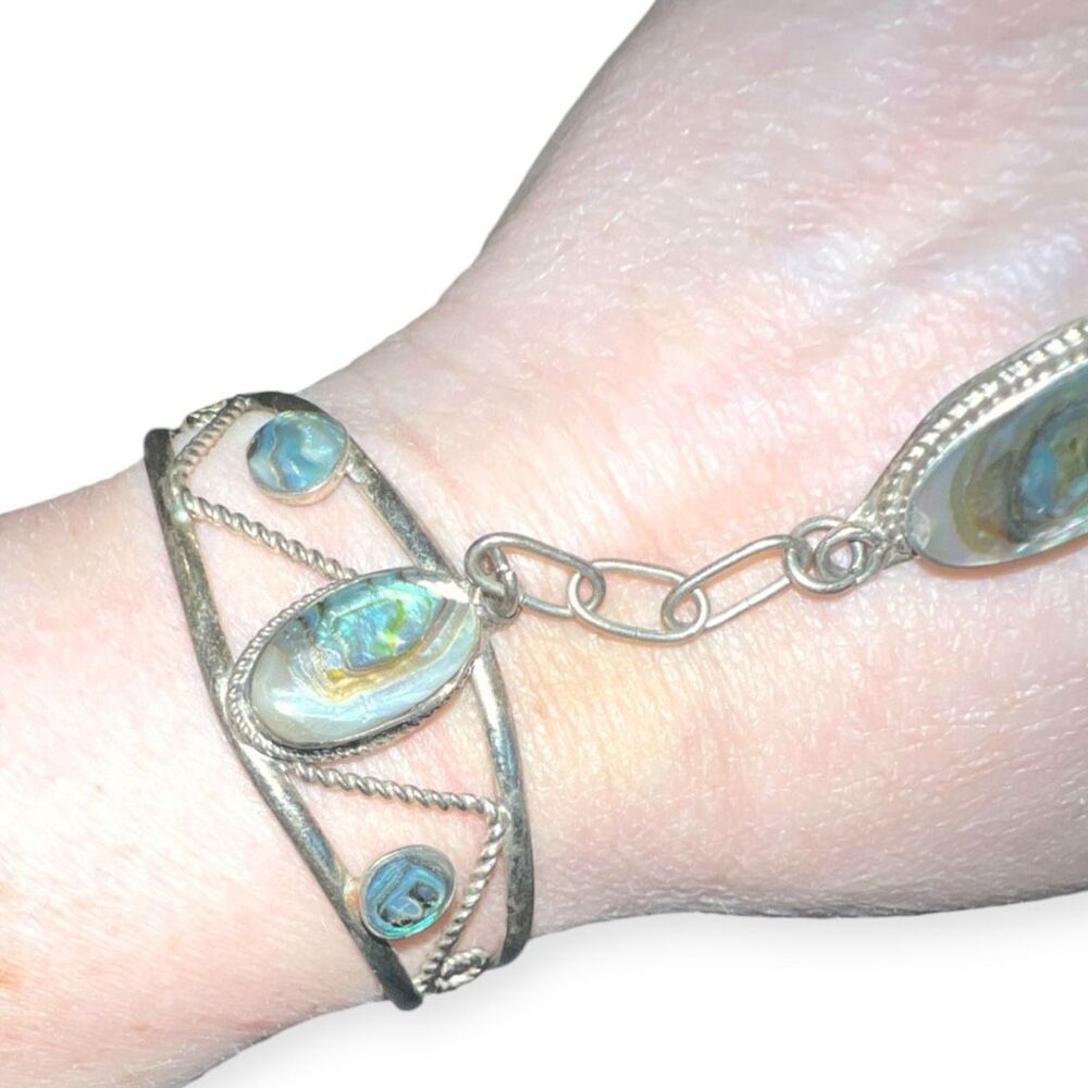 Vintage Mexican Alpaca Silver Slave Bracelet Hand Flower Abalone Ring Cuff - Picture 7 of 10